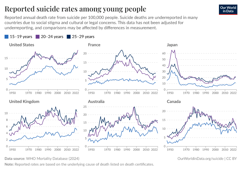 Reported suicide rates among young people